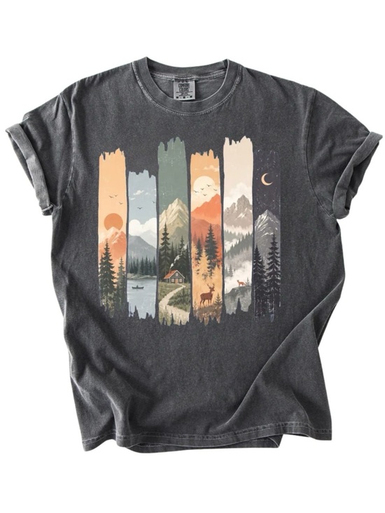Comfort Colors Tops - Pepper Women's Short Sleeve Tee with Multicolor Mountain Nature Graphic